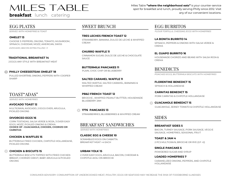 miles table new menu